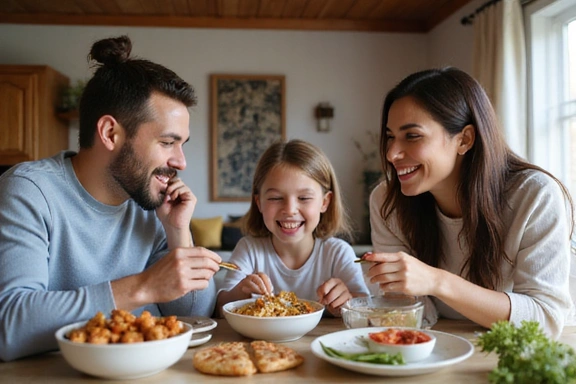 Familia feliz comiendo una comida saludable juntos en casa
