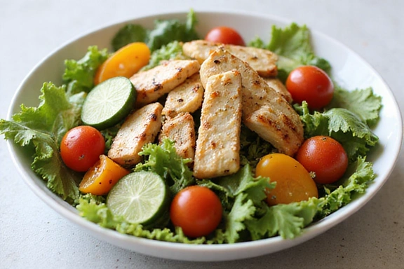 Plato colorido de ensalada con verduras frescas y proteínas