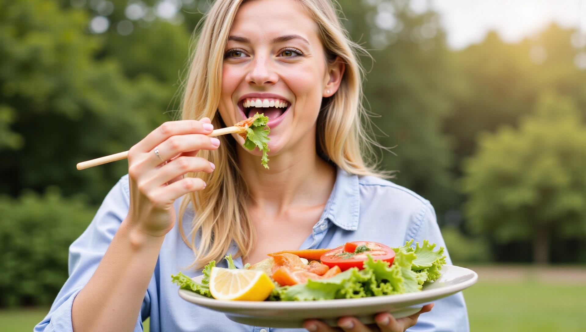 Persona sonriente disfrutando de una comida saludable al aire libre, con enfoque en frescura y vitalidad.
